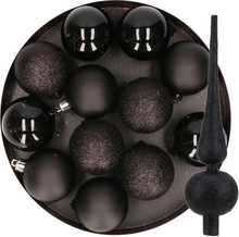 12x stuks kunststof kerstballen 6 cm inclusief glitter piek zwart