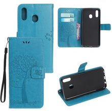 Imprint Tree + Owl Leather Wallet Phone Case til Samsung Galaxy A20e