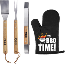Luxe barbecue gereedschap set met houten handgrepen 3-delig RVS met BBQ handschoen It's BBQ Time!