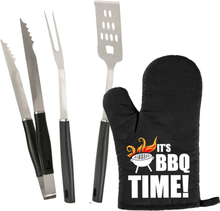 BBQ/barbecue gereedschap set 3-delig RVS met BBQ handschoen It's BBQ Time!