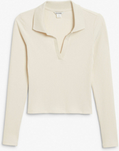 Ribbed long sleeve polo top - Beige