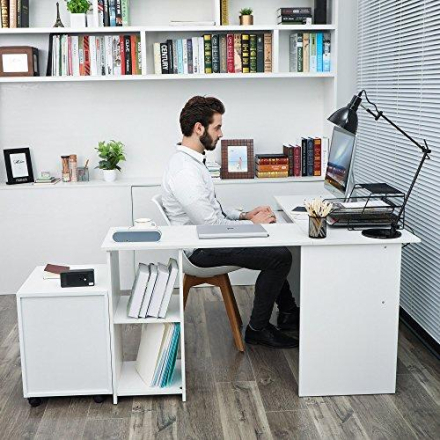 Hjørneskrivebord, stort L-formet skrivebord med glidende tastaturhylde, 2 hylder