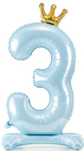 Lys Blå Stående "3" Folieballong med Krone 84 cm