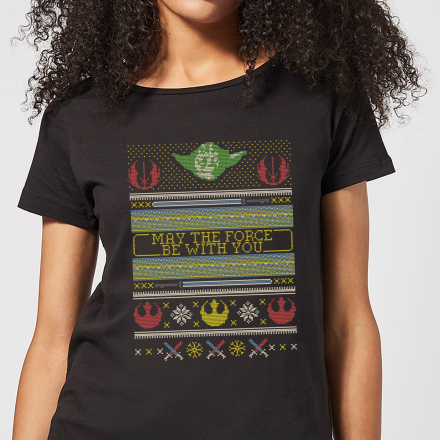 Star Wars May The force Be with You Pattern Women's Christmas T-Shirt - Black - L