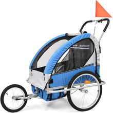 2-i-1 cykelanhænger og klapvogn til børn blå og grå