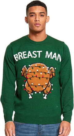 Breast Man - Grön Fin-Stickad Jultröja till Man med LED-Ljus