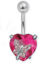 Diamond Heart With Butterfly Red/Rose - Navelpiercing i Äkta Silver
