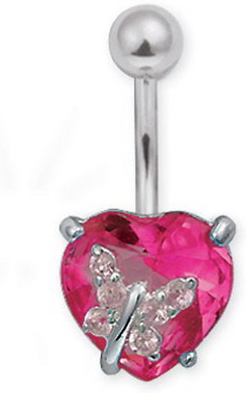 Diamond Heart With Butterfly Red/Rose - Navelpiercing i Äkta Silver