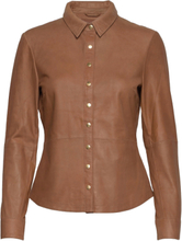 Shirt W/Buttons Langermet Skjorte Brun DEPECHE*Betinget Tilbud