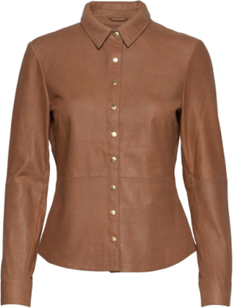 Shirt W/Buttons Langermet Skjorte Brun DEPECHE*Betinget Tilbud