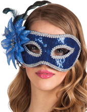Blå Venetiansk Ögonmask med Blomma och Fjäderpynt