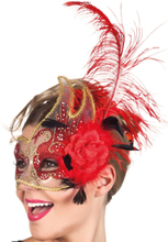 Venetiansk Colombina-Mask - Delvis Transparent med Röd/Guldfärgad Dekor och Utsmyckning