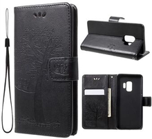 Til Samsung Galaxy S9 G960 Imprint Tree Owl Wallet PU-læder mobiltaske med snor