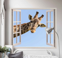 Muurstickers visuele effecten Giraf komt door een raam 3d