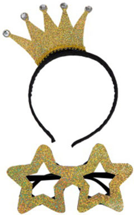 Set med Diadem med Guldfärgad Krona och Stjärnglasögon