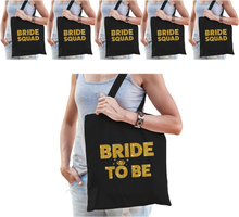 Vrijgezellenfeest vrouw katoenen tasjes pakket - 1x Bride to Be zwart goud + 5x Bride Squad zwart goud