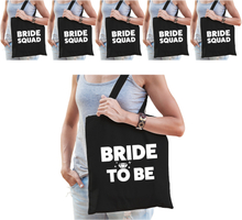 Vrijgezellenfeest vrouw katoenen tasjes pakket - 1x Bride to Be zwart + 5x Bride Squad zwart