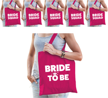 Vrijgezellenfeest vrouw katoenen tasjes pakket - 1x Bride to Be roze + 5x Bride Squad roze