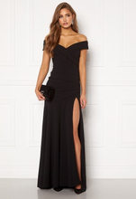 Goddiva Bardot Pleat Maxi Split Dress Black XL (UK16)