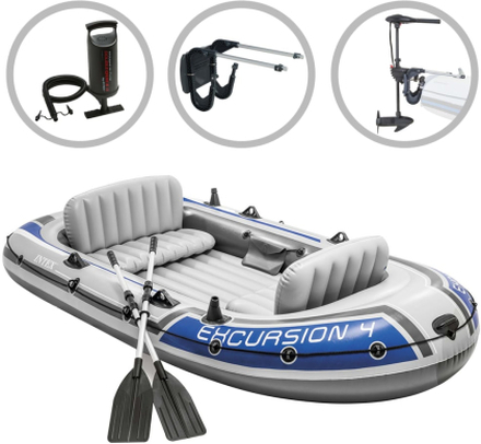 INTEX Oppblåsbart båtsett Excursion 4 med påhengsmotor og brakett