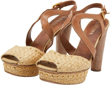 Pre -owned raffia og skinn ankel stropp pigg plattform block hæl sandaler