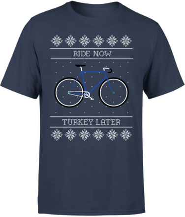 Ride Now, Turkey Later Men's Christmas T-Shirt - Navy - XXL - Navy