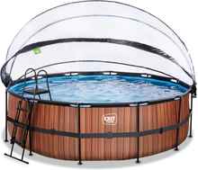 EXIT Wood pool 450x122cm med sandfilterpump och tak och värmepump (Brun)
