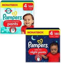 Pampers Bleesæt Premium Protection Pants, størrelse 4, 9-15kg, månedskasse (168 bleer) og Baby-Dry Pants Night , størrelse 4 Maxi, 9-15kg, månedskasse (180 bukser)