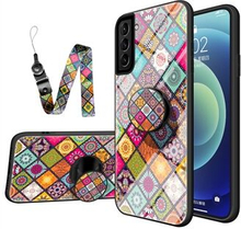 Colorful Flower Print Glass Hybrid Phone Case Protector with Stand Lanyard for Samsung Galaxy S21+ 5
