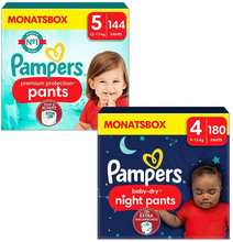 Pampers Protection Night Premium Pants, størrelse 5, 12-17kg (144 bleer) og Baby-Dry Pants, størrelse 5 12-17kg (160 bukser)