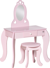 Tavolo trucco da gioco per bambini con sgabello in legno e specchio rosa