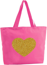 Gouden hart glitter shopper tas fuchsia roze 47 cm