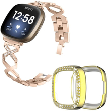 Fitbit Sense / Versa 3 X-shape with rhinestone décorated watch strap with gold cover - Gold