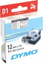 DYMO D1 merkkausteippi standardi 12mm, läpinäkyvä/valk teksti, 7m