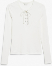 Long sleeve top with lace tie front - White