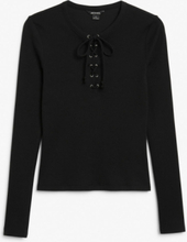 Long sleeve top with lace tie front - Black