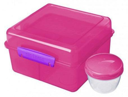 Sistema Madkasse - Lunch Cube Max - Ruminddelt i 2 Lag m. Bæger - 2L - Pink m. Lilla Klips