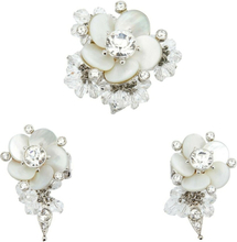 Pre-eid perlet blomster sølvtone metallklipp på øreringer og cocktailringssett
