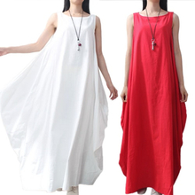 Frauen Maxi Ärmelloses Tunika-Kleid Plus Size Taschen O Neck Solid Loose Mori Swing Tank Kleid Weiß / Rot