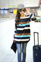 Koreanische Mode Frauen Slouchy T-shirt Bunte Streifen Gestrickte Lange Shirt Pullover Tops Multicolor