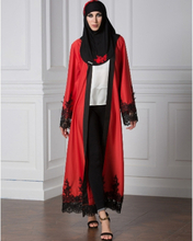 Frauen Muslim Cardigan Spliced Crochet Spitze Saum Langarm Islamische Abaya Maxi Kleid Outwear Blau / Rot