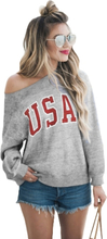 Frauen Langarm T-Shirt USA Brief Drucken O-Neck Shirt Sweatshirt Top Casual T-Shirt Top Grau