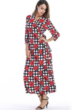 Elegante Frauen Maxi Kleid Dot Print V-Ausschnitt Hülse mit drei Vierteln Verband Krawatte Split Slim Long Dress Red