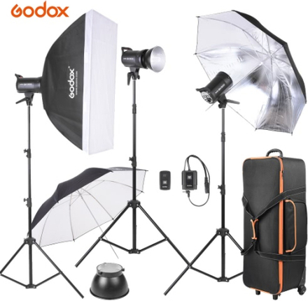 Godox SK300-D 3 * 300WS Studio Foto Strobe-Blitz-Licht-Kit mit 3 * Licht-Standplatz / 1 * Softbox / 1 * Reflexschirm / 1 * Weiche Umbrella / 1 * Flash Trigger / 2 * Lampenschirm / 1 * Wheeled Tragetasche