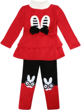 Nettes Baby Mädchen Zweiteiliges Set Bogen Cartoon Muster Langarm Sweatshirt elastische Taille Hose Fleece Warm Outfits rot/grau