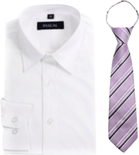 Hvit skjorte med lilla slips