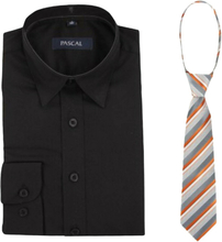 Black shirt with orange tie