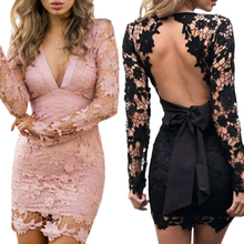 Sexy Frauen Mini Bodycon Kleid Spitze Hollow Out Bogen V-Ausschnitt Long Sleeves Elegantes Kleid Pink / Schwarz
