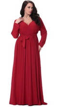 Frauen Plus Size Maxi Kleid Sexy V Neck Langarm Solid Gürtel Cocktail Party Kleid Swing Langes Kleid Rot