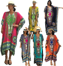 Ethnic Women Cover Up Plus Size Printed V-Ausschnitt Maxi Boho Hipppie Dashiki Bikini Beach Kaftan Kleid